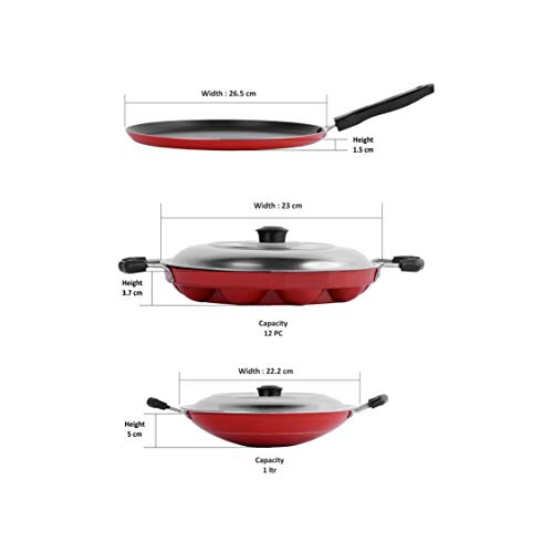 Sumeet 2.6mm Thick Non-Stick Corsen Combo Set (Dosa Tawa – 26.5cm Dia +Grill Appam Patra with Lid – 23cm Dia + Appachatty – 22.2cm Dia)