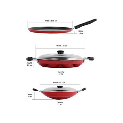 Sumeet 2.6mm Thick Non-Stick Corsen Combo Set (Dosa Tawa – 26.5cm Dia +Grill Appam Patra with Lid – 23cm Dia + Appachatty – 22.2cm Dia)