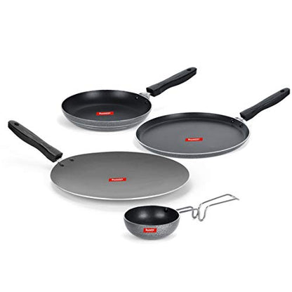 Sumeet NonStick Noir Cookware Set (Dosa Tawa - 26.5Cm Dia + Conceve/Roti Tawa - 28Cm Dia + Tapper pan - 0.6Ltr - 20Cm Dia + Waghariya/Tadka pan - 190Ml - 10Cm Dia)