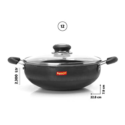 Sumeet Pre Seasoned Iron Kadai 2.5mm Thick with Glass Lid (Double Side Handle) 22.8 cm, 2.3Ltr