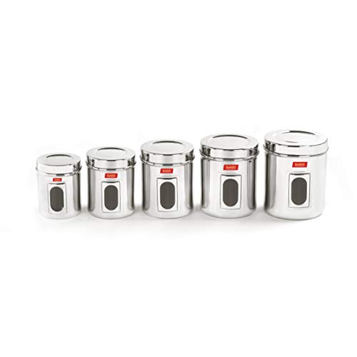 Sumeet Stainless Steel See Through Vertical Canisters/Ubha Dabba/Storage Containers Set of 5Pcs (1 Ltr, 1.450Ltr, 1.9Ltr, 2.5Ltr, 3Ltr)