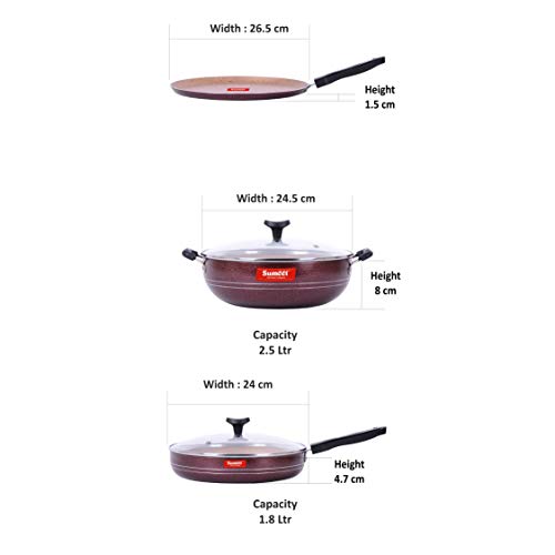 Sumeet Nonstick Granite Finish ETHENA Kitchen Set (Dosa Tawa - 26.5cm Dia + Kadhai with Glass Lid - 2.5 LTR Capacity - 24.5cm Dia+ Fry Pan 1.8 LTR Capacity - 24cm Dia)