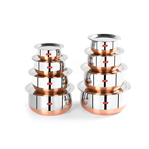 Sumeet Stainless Steel Copper Bottom Belly Shape 8 Pc Tope / Cookware/ Pot Set with Lid 380ML, 500ML, 780ML, 1.1Ltr, 1.4Ltr, 1.75Ltr, 2.4Lt, 3.LTR (Silver)