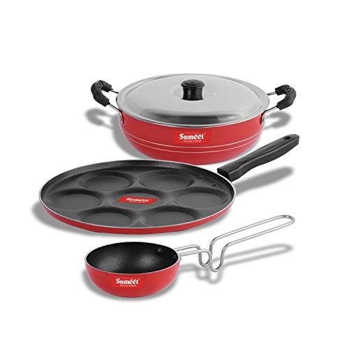 Sumeet 2.6mm Thick Non-Stick Olba Combo Set (Multi Snack Maker – 26.5cm Dia + Kadhai with Lid – 1.5Ltr Capacity- 20cm Dia + Tadka Pan – 10cm Dia)