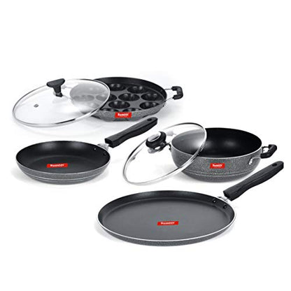 Sumeet NonStick Sort Cookware Set (Dosa Tawa - 26.5Cm Dia + Kadhai with Glass Lid -2Ltr - 22Cm Dia + Grill Appam Patra with Glass Lid - 12 Cavity - 22cm Dia + Tapper pan - 0.6Ltr - 20Cm Dia)