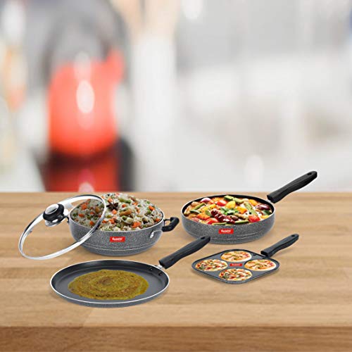 Sumeet NonStick Crno Cookware Set (Dosa Tawa - 26.5Cm Dia + Mini Multi Snack Maker - 4 Cavity -19.5cm + Kadhai with Glass Lid -2Ltr - 22Cm Dia + Frypan - 1.5Ltr - 22Cm Dia)