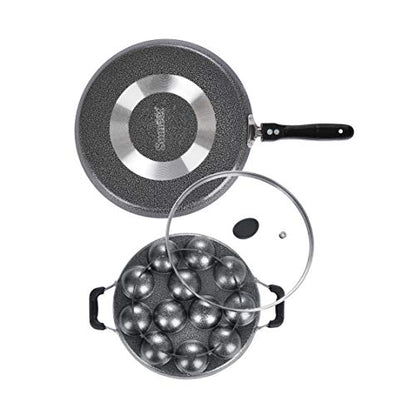 Sumeet NonStick Argent Cookware Set (Dosa Tawa - 26.5Cm Dia + Grill Appam Patra with Glass Lid - 12 Cavity - 22cm Dia)