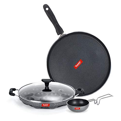 Sumeet NonStick Hall Cookware Set (Dosa Tawa - 26.5Cm Dia + Grill Appam Patra with Glass Lid - 12 Cavity - 22cm Dia + Waghariya/Tadka pan - 190Ml - 10Cm Dia)