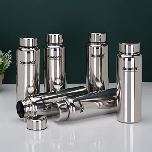 Sumeet Stainless Steel Jointless Akhand Leak-Proof Water Bottle / Fridge Bottle - 800ML Pack of 6, Silver