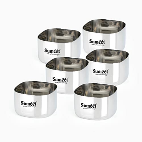 Sumeet Heavy Gauge Stainless Steel Square Bowl/Wati/Katori with Mirror Finish – 6.5cm Dia, Set of 6pc, 150ML Each - Silver