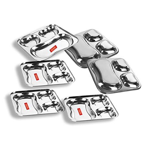 Sumeet Stainless Steel 3 in 1 Pav Bhaji Plate/Compartment Plate 24.5cm Dia - Set of 6pc