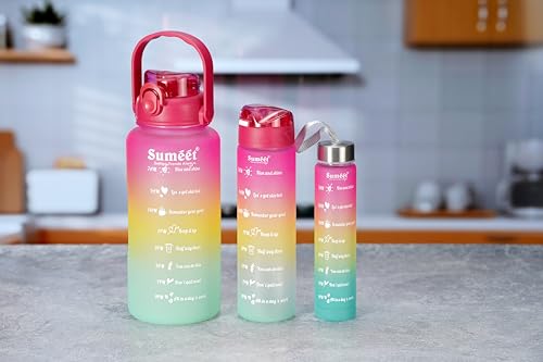 Sumeet Leak Proof Motivational/Inspire-Hydrate Water Bottle combo with Straw & Time Marker for Office/School/College/Gym/Picnic/Out Door Sports - 300ml, 700ml & 1850ml Set of 3, Pink