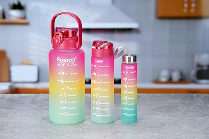 Sumeet Leak Proof Motivational/Inspire-Hydrate Water Bottle combo with Straw & Time Marker for Office/School/College/Gym/Picnic/Out Door Sports - 300ml, 700ml & 1850ml Set of 3, Pink