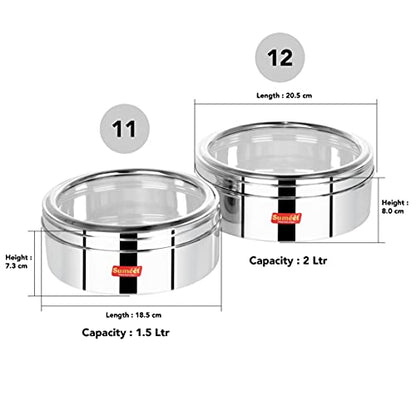 Sumeet Stainless Steel Flat Canisters/Puri Dabba/Storage Containers With See Through Lid Set of 2Pcs (1.5Ltr, 2Ltr)