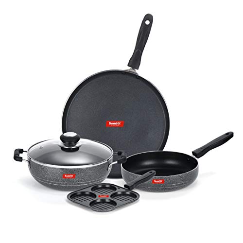 Sumeet NonStick Crno Cookware Set (Dosa Tawa - 26.5Cm Dia + Mini Multi Snack Maker - 4 Cavity -19.5cm + Kadhai with Glass Lid -2Ltr - 22Cm Dia + Frypan - 1.5Ltr - 22Cm Dia)