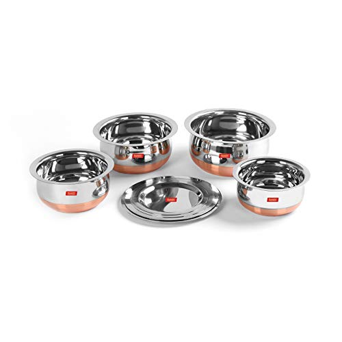 Sumeet Stainless Steel Copper Bottom Belly Shape 4 Pc Tope / Cookware/ Pot Set with Lid 380ML, 500ML, 780ML, 1.1Ltr, (Silver)