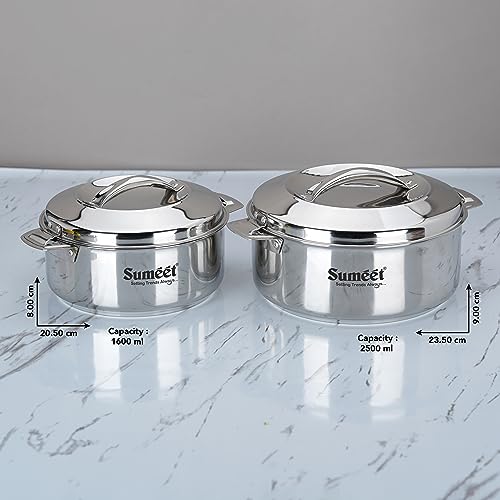 Sumeet Smart Serve Stainless Steel Double Wall Insulated Small Hot Pot/Hot Meal Box/Casserole Combo of 2Pc, 1.5L & 2.5L, Silver