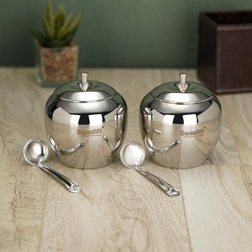 Sumeet Stainless Steel Apple Shape Ghee and Oil Pot, Storage Container with Spoon for Kitchen, 7.5cm Dia, 220ML - Silver (Pack of 2)