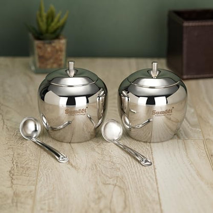 Sumeet Stainless Steel Apple Shape Ghee and Oil Pot, Storage Container with Spoon for Kitchen, 7.5cm Dia, 220ML - Silver (Pack of 2)