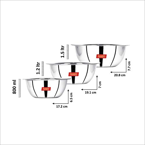 Sumeet Stainless Steel Mirror Finish Store and Serve Mixing Bowl 4Pc Set (850Ml, 1.2Ltr, 1.5Ltr)