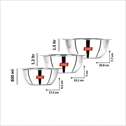 Sumeet Stainless Steel Mirror Finish Store and Serve Mixing Bowl 4Pc Set (850Ml, 1.2Ltr, 1.5Ltr)