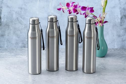 Sumeet Alpha-Aqua Stainless Steel Leak Proof Water Bottle Office/School/College/Gym/Picnic/Home/Fridge - 1 Litre |Pack of 4| Silver