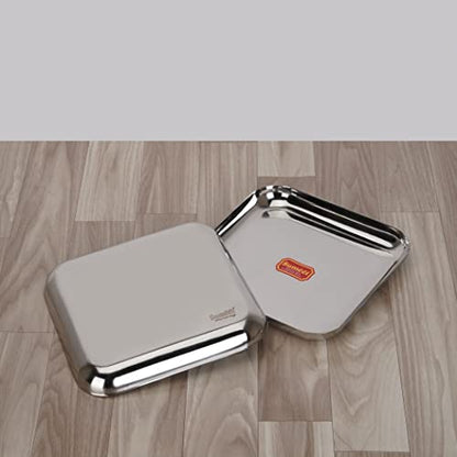 Sumeet Stainless Steel Medium Square Shape Plate/Snacks Plate/Breakfast Plate Set of 2pcs, 22.5cm Dia, Silver