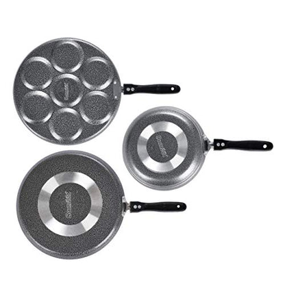 Sumeet NonStick Llwyd Cookware Set (Dosa Tawa - 26.5Cm Dia + Tapper pan - 0.6Ltr - 20Cm Dia + Multi Snack Maker - 7 Cavity - 26.5Cm Dia)