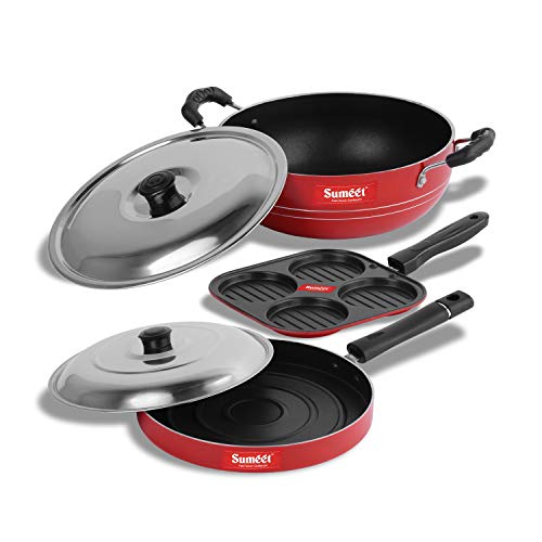 Sumeet 2.6mm Thick Non-Stick Fiona Combo Set (Mini Multi Snack Maker – 19.5cm Dia + Kadhai with Lid – 1.5Ltr Capacity- 20cm Dia + Pizza Pan – 23cm Dia)