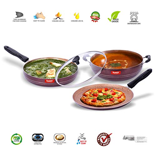 Sumeet Nonstick Granite Finish ETHENA Kitchen Set (Dosa Tawa - 26.5cm Dia + Kadhai with Glass Lid - 2.5 LTR Capacity - 24.5cm Dia+ Fry Pan 1.8 LTR Capacity - 24cm Dia)