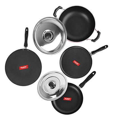 Sumeet 2.6mm Thick Non-Stick MENA Cookware Set (Dosa Tawa – 26.5cm Dia + Concave Tawa – 28cm Dia + Kadhai with Lid – 1.5Ltr Capacity- 20cm Dia + Fry pan – 1.5Ltr Capacity – 21cm Dia)