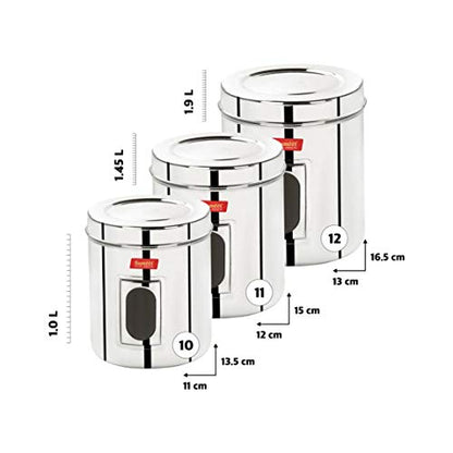 Sumeet Stainless Steel See Through Vertical Canisters/Ubha Dabba/Storage Containers Set of 3Pcs (1 Ltr, 1.450Ltr, 1.9Ltr)