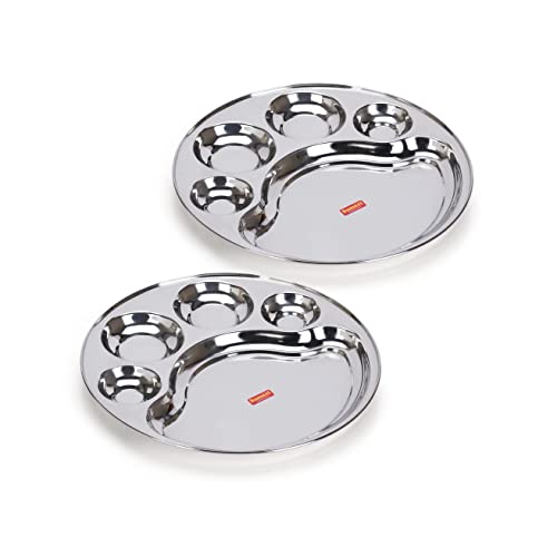 Sumeet Stainless Steel Round 5 in 1 Compartment Lunch / Dinner Plate Set of 2Pcs, 34cm Dia, Silver