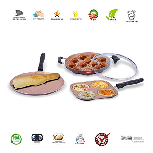 Sumeet Viva Aluminium Smart Cookware Set (mini Multi Snack Maker, Dosa Tawa, Grill Appam Patra With Glass Lid), 3 Piece (Peach)