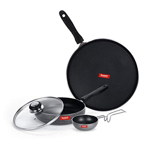 Sumeet NonStick Perak Cookware Set (Dosa Tawa - 26.5Cm Dia + Frypan with Glass Lid - 1.5Ltr - 22Cm Dia + Waghariya/Tadka pan - 190Ml - 10Cm Dia)