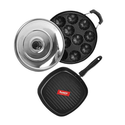 Sumeet 2.6mm Thick Non-Stick Candy Cookware Set (Grill Appam Patra with Lid – 23cm Dia + Grill Pan – 1.1Ltr Capacity – 22cm Dia)