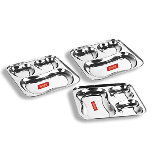 Sumeet Stainless Steel 3 in 1 Pav Bhaji Plate/Compartment Plate 24.5cm Dia - Set of 3pc