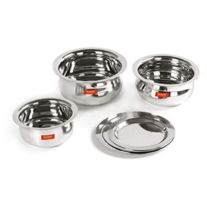 Sumeet Stainless Steel Belly Shape 3 Pc Tope / Cookware/ Pot Set with Lid 380ML, 500ML, 780ML, (Silver)