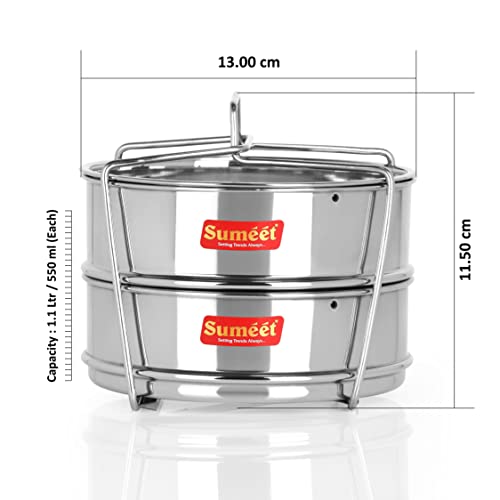 Sumeet Stainless Steel Flat Stackable Container/Separator with Lid and Lifter Suitable for 2 LTR Outer Lid Cooker