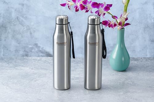 Sumeet Alpha-Aqua Stainless Steel Leak Proof Water Bottle Office/School/College/Gym/Picnic/Home/Fridge - 1 Litre |Pack of 2| Silver