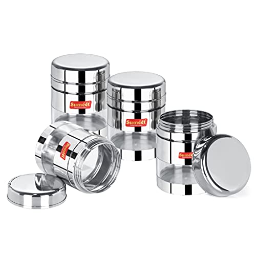 Sumeet Stainless Steel Circular See Through/Transparent Container, Set of 4Pc, 500 Ml Each, 8.5cm Dia, Silver