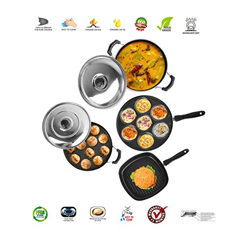 Sumeet 2.6mm Thick Non-Stick Homma Cookware Set (Multi Snack Maker – 26.5cm Dia + Kadhai with Lid – 1.5Ltr Capacity- 20cm Dia + Grill Appam Patra with Lid – 23cm Dia + Grill Pan – 1.1Ltr)