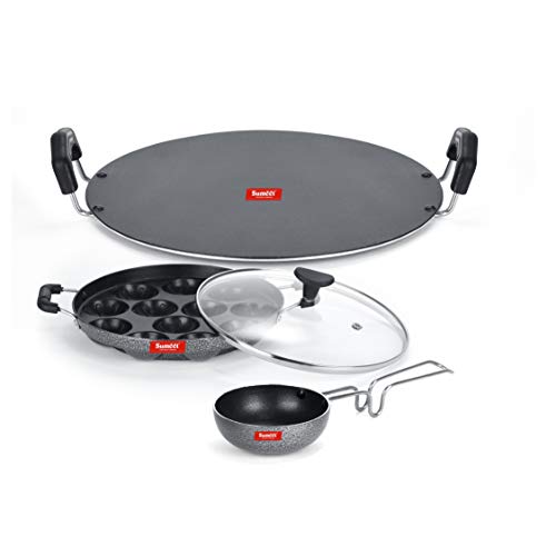 Sumeet NonStick Cinzento Cookware Set (Tawa-30.5cm Dia + Grill Appam Patra with Glass Lid - 12 Cavity - 22cm Dia + Waghariya/Tadka pan - 190Ml - 10Cm Dia)