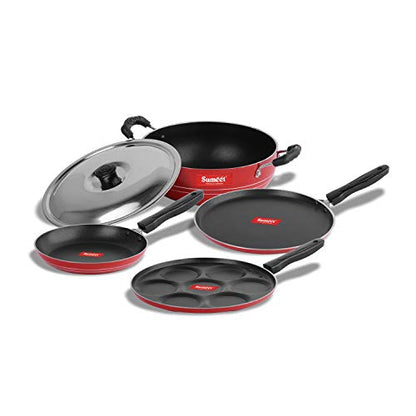 Sumeet 2.6mm Thick Non-Stick Rossu Cookware Set (Dosa Tawa – 26.5cm Dia + Multi Snack Maker – 26.5cm Dia + Kadhai with Lid – 1.5Ltr Capacity- 20cm Dia + Tapper pan – 20cm Dia)