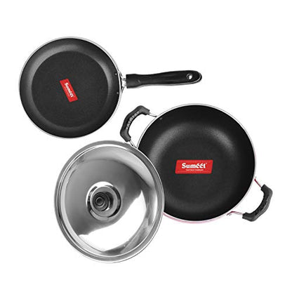 Sumeet 2.6mm Thick Non-Stick Blush Cookware Set (Kadhai with Lid – 1.5Ltr Capacity- 20cm Dia + Tapper pan – 20cm Dia)