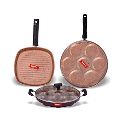 Sumeet Buffy Aluminium Grill Pan, Grill Appam Patra With Glass Lid, Multi Snack Maker, 1.1 L Grill Pan, 12 Piece (Peach)