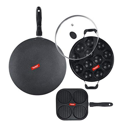 Sumeet NonStick Boz Cookware Set (Mini Multi Snack Maker - 4 Cavity -19.5cm + Grill Appam Patra with Glass Lid - 12 Cavity - 22cm Dia + Conceve/Roti Tawa - 28Cm Dia)