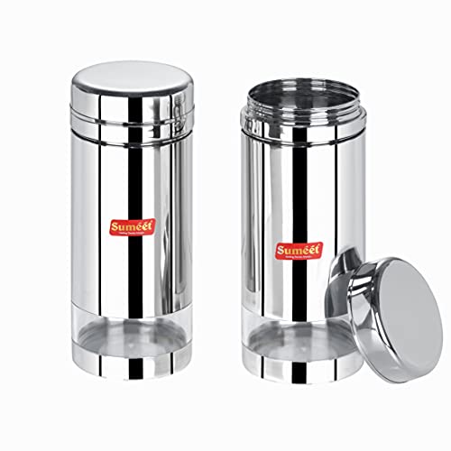 Sumeet Stainless Steel Circular See Through / Transparent Container, Set of 2Pc, 1 Ltr each, 10cm Dia, Silver