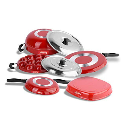 Sumeet 2.6mm Thick Non-Stick Red Spark Cookware Set (Dosa Tawa – 26.5cm Dia + Kadhai with Lid – 1.5Ltr + Grill Appam Patra with Lid – 23cm Dia + Grill Pan – 1.1Ltr + Tapper pan – 20cm Dia)