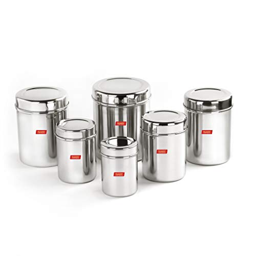 Sumeet Stainless Steel Vertical Canisters/Ubha Dabba/Storage Containers Set of 6Pcs (350ML, 500ML, 700ML, 900ML, 1.25Ltr, 1.6Ltr)